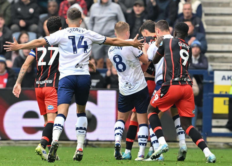 Milutin Osmaji of Preston North End clashes with Owen Beck of Blackburn Rovers during the Sky Bet Championship match Preston North End vs Blackburn Rovers at Deepdale, Preston, United Kingdom, 22nd September 2024(Photo by Cody Froggatt/News Images)