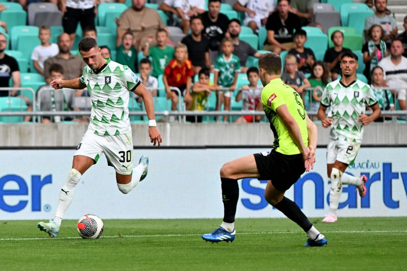 Ljubljana, Slovenia, 25th 2024: Raul Florucz of Olimpija Ljubljana (L) in action during the UEFA Europa Conference Leagu