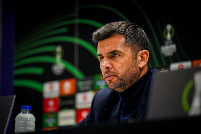 BRUSSELS, BELGIUM - OCTOBER 27: Coach Nicolae Dica of FCSB attends a press conference after the Group B - UEFA Europa Conference League match between RSC Anderlecht and FCSB at the Lotto Park on October 27, 2022 in Brussels, Belgium (Photo by Rene Nijhuis