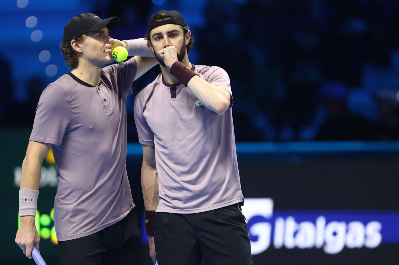 Turin, Italy. 14th Nov, 2024. Jordan Thompsos of Australia (R) speaks with Max Purcell of Australia (L) during the Round Robin doubles match between Marcel Granollers of Spain and Horacio Zeballos of Argentina against Max Purcell of Australia and Jordan T