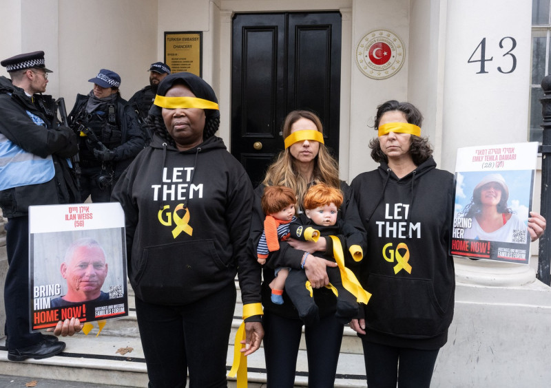 Hostage Families rally at three London embassies on World Human Rights Day in plea for intervention in releasing the 100 hostages held in Gaza, London, UK.
