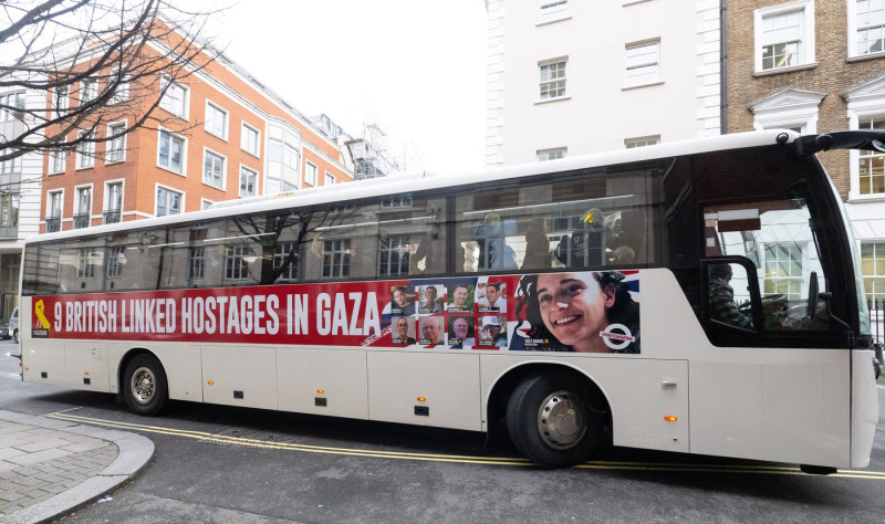 Hostage Families rally at three London embassies on World Human Rights Day in plea for intervention in releasing the 100 hostages held in Gaza, London, UK.