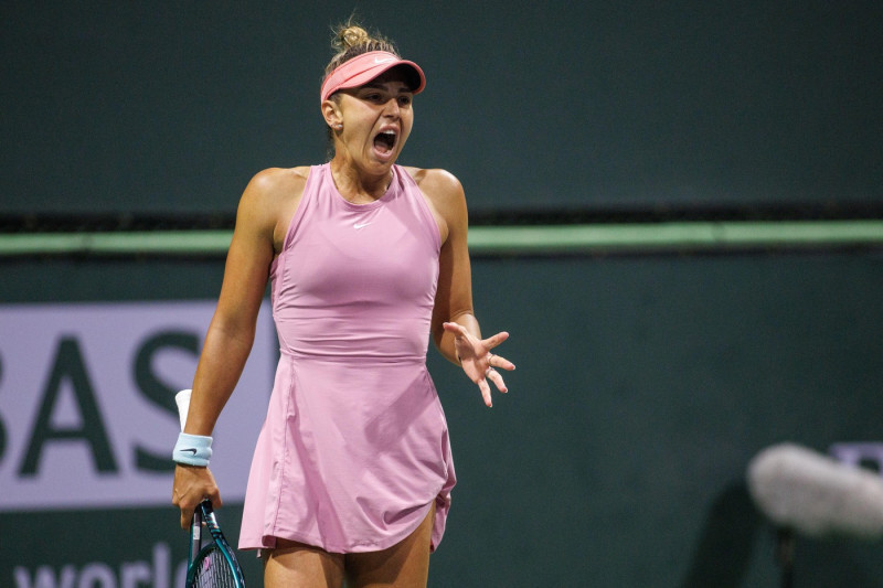 Indian Wells, California, USA. 8th Mar, 2025. Jaqueline Cristian of Romania reacts during her match against Leylah Fernandez of Canada in their round 2 match during the BNP Paribas Open at Indian Wells Tennis Garden on March 09, 2025 in Indian Wells, Cali