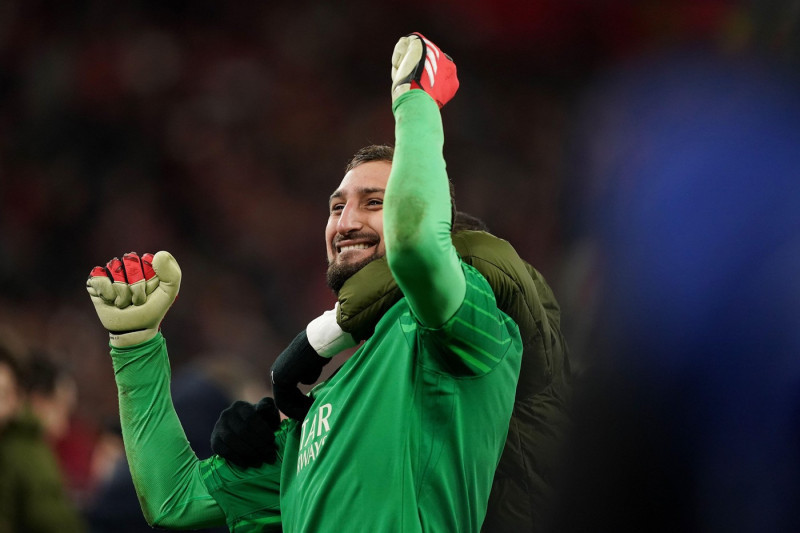 Paris Saint-Germain goalkeeper Gianluigi Donnarumma celebrates winning the penalty shoot-out after the UEFA Champions League round of sixteen second leg match at Anfield, Liverpool. Picture date: Tuesday March 11, 2025.
