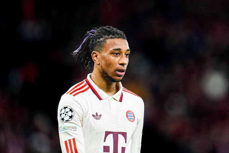 March 11 2025: Michael Olise of Bayern Munich looks on during a Champions League Round of 16 game, Bayer 04 Leverkusen vs Bayern Munich, at Bay Arena, Leverkusen, Germany. Ulrik Pedersen/CSM