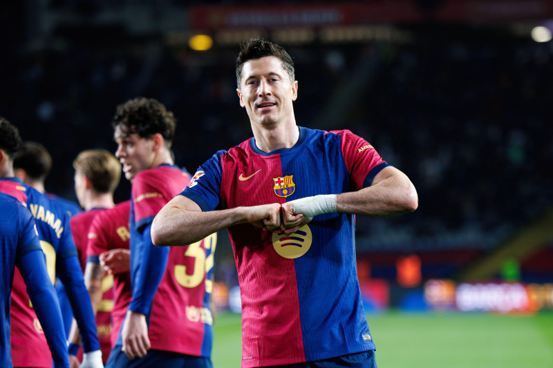 Barcelona, Spain. 17th February, 2025. Lewandowski celebrates after scoring a goal during the LaLiga EA Sports match between FC Barcelona and Rayo Val