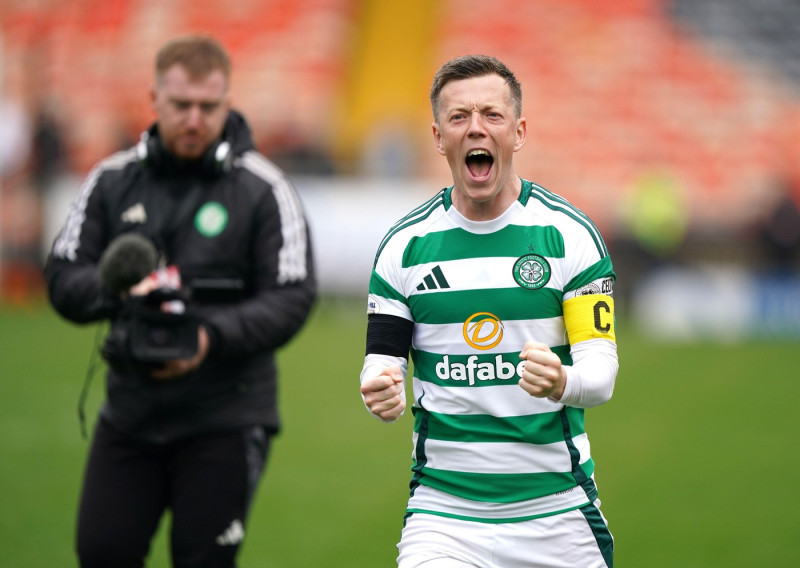 Celtic's Callum McGregor celebrates victory in the William Hill Premiership following the William Hill Premiership match at Tannadice Park, Dundee. Picture date: Saturday April 26, 2025.
