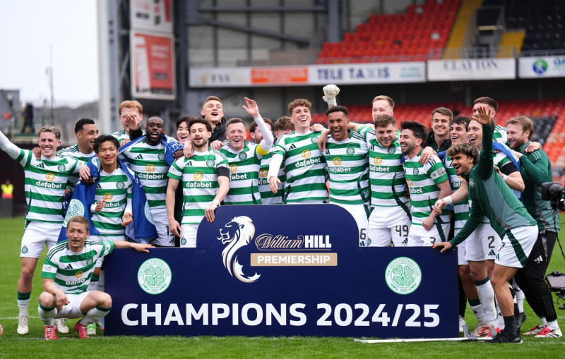 Celtic players celebrate victory in the William Hill Premiership following the William Hill Premiership match at Tannadice Park, Dundee. Picture date: Saturday April 26, 2025.