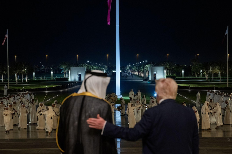 President Donald Trump is greeted by Amir of Qatar Sheikh Tamin bin Hamad Al Thani at Lusail Palace in Doha, Qatar, Wednesday, May 14, 2025, to attend an official State Dinner. (Official White House Photo by Daniel Torok)