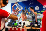 Rotterdam - PSV head coach Peter Bosz receives a beer shower from Luuk de Jong of PSV, Malik Tillman of PSV and Olivier Boscagli of PSV during the thirty-fourth competition round of the Eredivisie season 2024/2025. The match is set between Sparta Rotterda