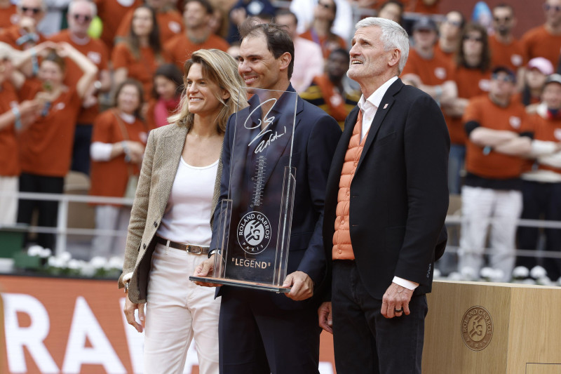 Rafael Nadal with French Open Director Amelie Mauresmo and President of French Tennis Federation FFT Gilles Moretton during the ceremony to honor his career on day 1 of Roland-Garros 2025, French Open, Grand Slam tennis tournament on May 25, 2025 at Rolan