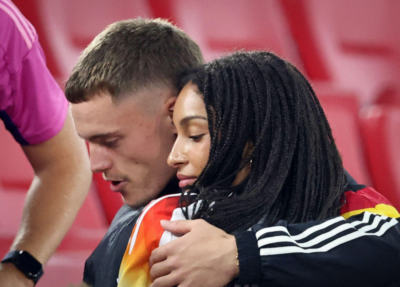STUTTGART, GERMANY - JULY 05: Florian Wirtz of Germany with his girlfriend Aaliyah after the UEFA EURO 2024 quarter-final match between Spain and Germany at Stuttgart Arena on July 05, 2024 in Stuttgart, Germany. © diebilderwelt / Alamy Stock
