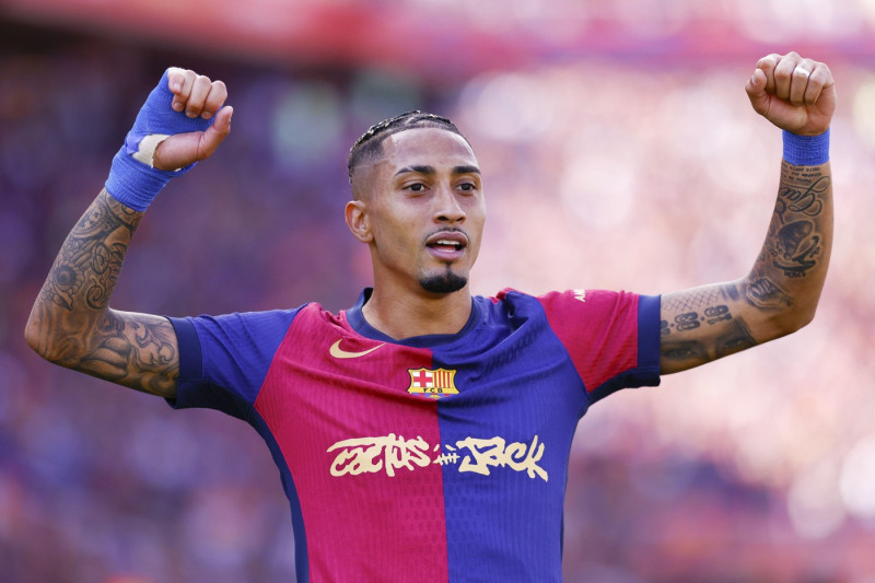 Raphinha Dias Belloli of FC Barcelona celebrates a goal during the Spanish championship La Liga football match between FC Barcelona and Real Madrid CF on 11 May 2025 at Estadio Olimpico Lluis Companys in Barcelona, Spain
