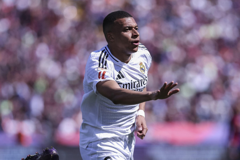 Kylian Mbappe of Real Madrid celebrates a goal during the Spanish championship La Liga football match between FC Barcelona and Real Madrid CF on 11 May 2025 at Estadio Olimpico Lluis Companys in Barcelona, Spain
