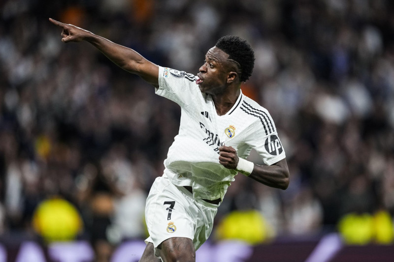 Vinicius Junior of Real Madrid celebrates his goal 1-1 during the UEFA Champions League, Quarter-finals, 2nd leg football match between Real Madrid CF and Arsenal FC on 16 April 2025 at Santiago Bernabeu stadium in Madrid, Spain