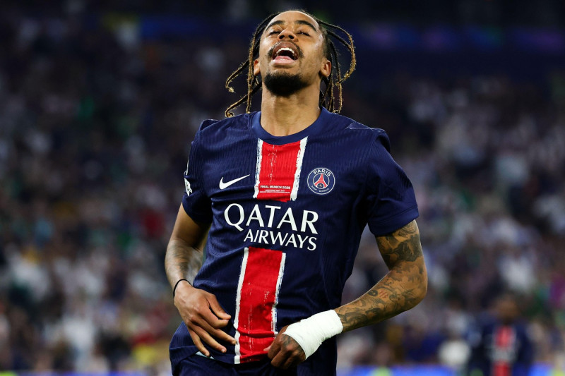 Bradley Barcola of PSG reacts during the 2024/2025 Champions League Final football match between Paris Saint Germain and FC Internazionale at Munich Football Arena stadium in Munich (Germany), May 31st, 2025.