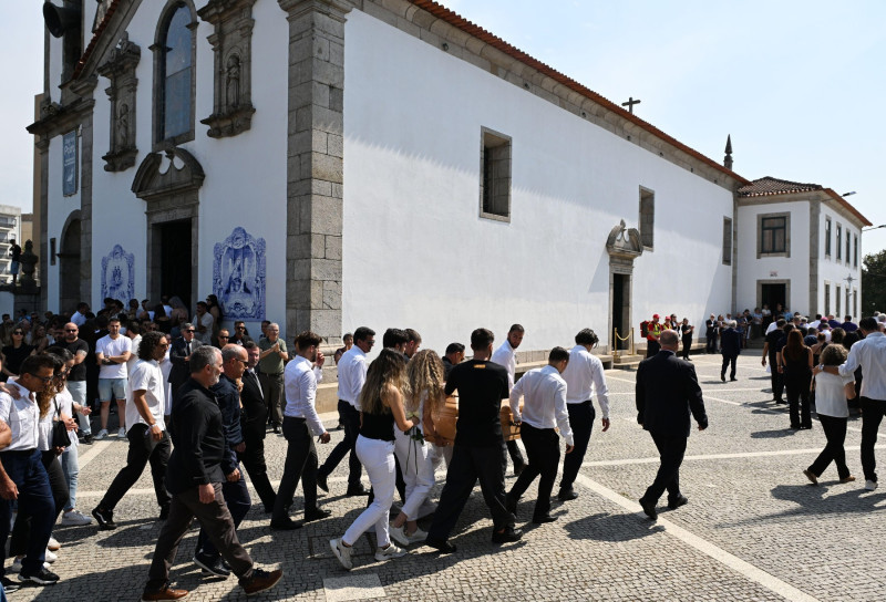 Diogo Jota's wife Rute Cardoso walks with the coffin after the funeral of Diogo Jota and Andre Silva being held at Igreja Matriz de Gondomar in the town of Gondomar near Porto. The Liverpool and Portugal forward died along with his younger brother Andre S