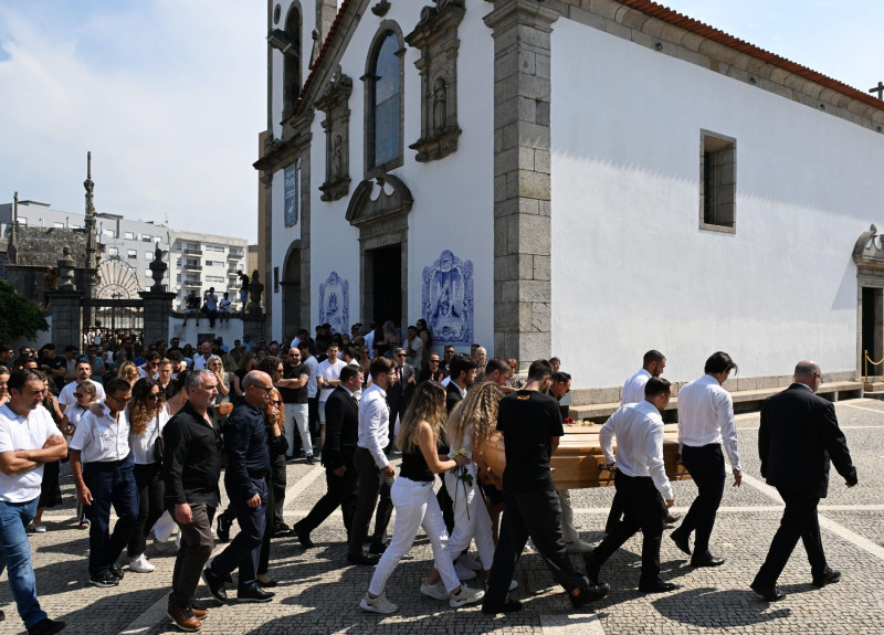 Diogo Jota's wife Rute Cardoso walks with the coffin after the funeral of Diogo Jota and Andre Silva being held at Igreja Matriz de Gondomar in the town of Gondomar near Porto. The Liverpool and Portugal forward died along with his younger brother Andre S