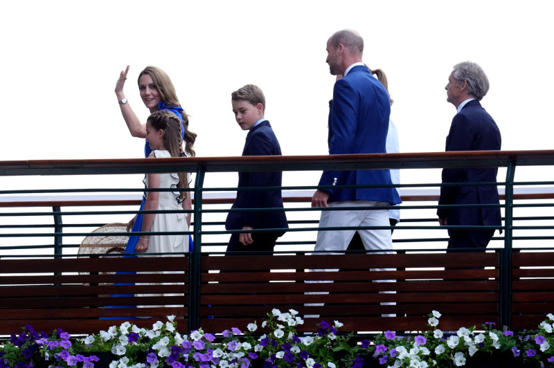 The Prince and Princess of Wales, with Princess Charlotte and Prince George as they arrive on day fourteen of the 2025 Wimbledon Championships at the All England Lawn Tennis and Croquet Club, London. Picture date: Sunday July 13, 2025.