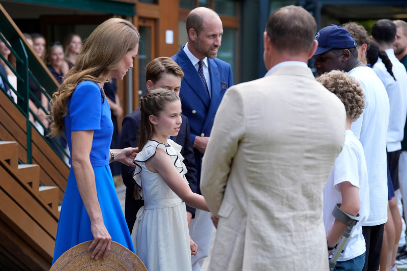 (left to right) the Princess of Wales, Princess Charlotte, Prince George and the Prince of Wales meet Steve Backshall, on day fourteen of the 2025 Wimbledon Championships at the All England Lawn Tennis and Croquet Club, London. Picture date: Sunday July 1