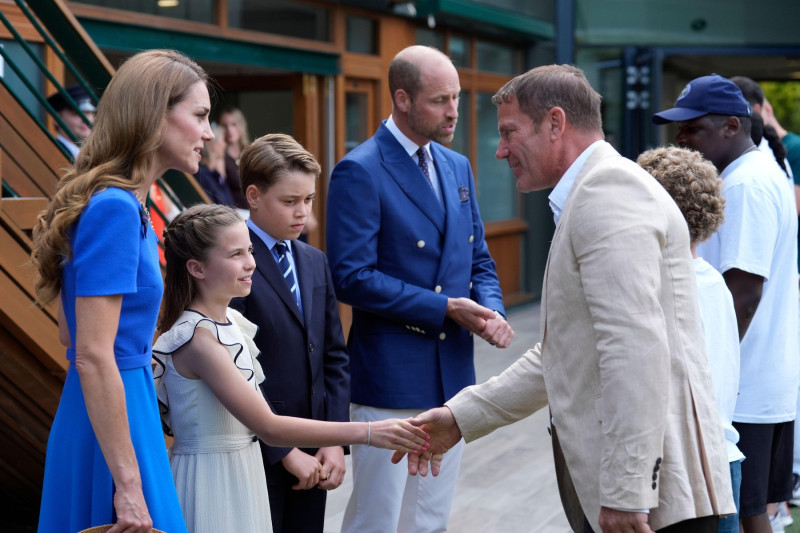 (left to right) the Princess of Wales, Princess Charlotte, Prince George and the Prince of Wales meet Steve Backshall, on day fourteen of the 2025 Wimbledon Championships at the All England Lawn Tennis and Croquet Club, London. Picture date: Sunday July 1