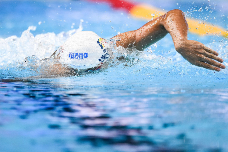David Popovici of Romania competes in the Swimming 100m Breaststroke Women Heats during the 22nd World Aquatics Championships at the WAC Arena in Singapore (Singapore), July 28, 2025.