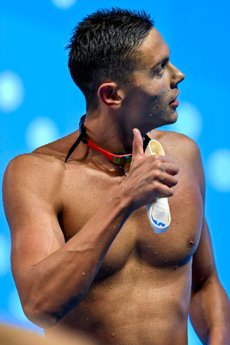 David Popovici of Romania reacts after competing in the swimming 200m Freestyle Men Semifinal during the 22nd World Aquatics Championships at the WAC Arena in Singapore (Singapore), July 28, 2025.