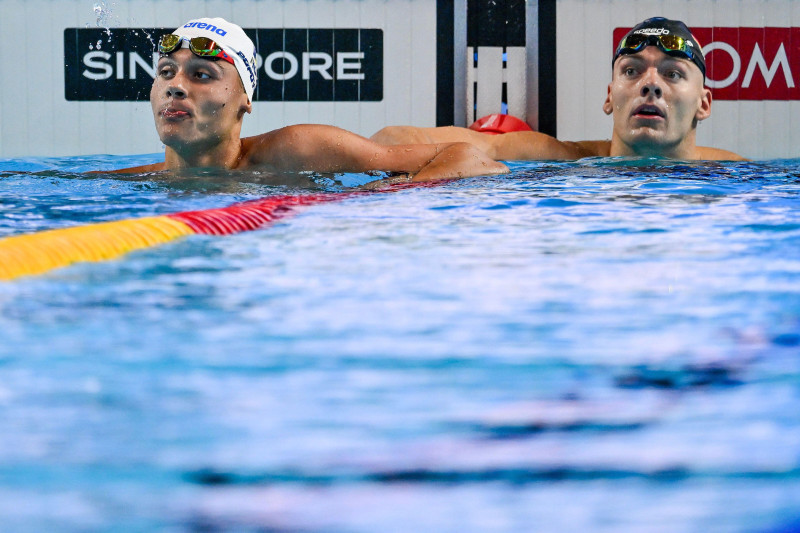 David Popovici of Romania reacts after competing in the swimming men's 100m freestyle heats during the 22nd World Aquatics Championships at the WAC Arena in Singapore (Singapore), July 30, 2025.