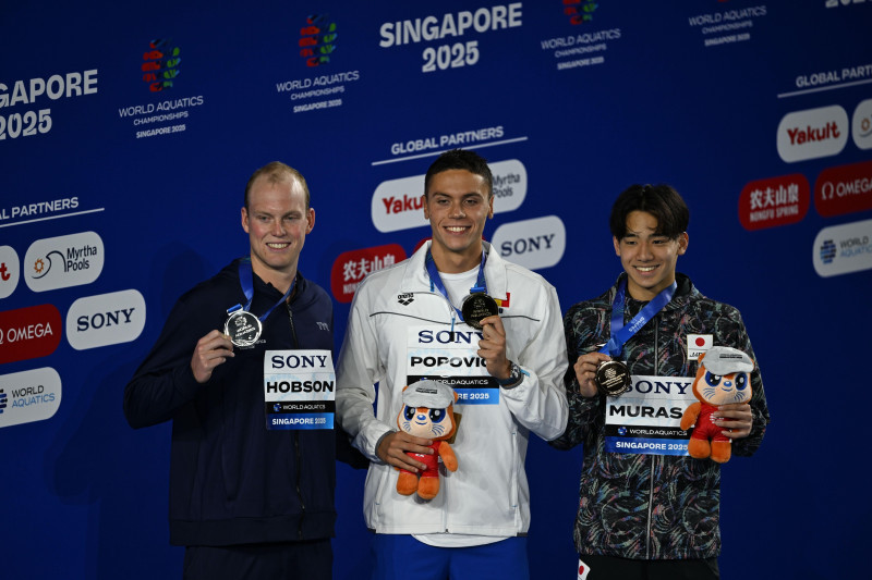 Singapore, Singapore. 29th July, 2025. David POPOVICI won Gold in Men's 200m freestyle, Luke HOBSON (USA) got silver and Tatsuya MURASA (JPN)Bronze at the World Aquatics Championship Singapore 2025. Credit: Ranjith Kumar/Alamy Live News