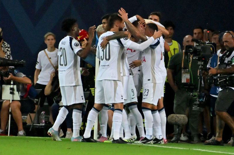 Udine, Italy, August 13th 2025, Tottenham Hotspur celebrate score during the UEFA Super Cup match between Paris Saint-Germain (France) and Tottenham Hotspur (England) at Stadium Friuli, Udine, Italy. (Photo by Igor Kupljenik/Sports Press Photo)