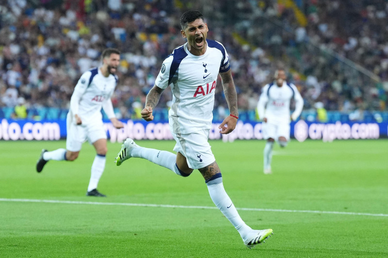 Tottenham Hotspur's Cristian Romero celebrates scoring their side's second goal during the UEFA Super Cup final at the Bluenergy Stadium in Udine, Italy. Picture date: Wednesday August 13, 2025.