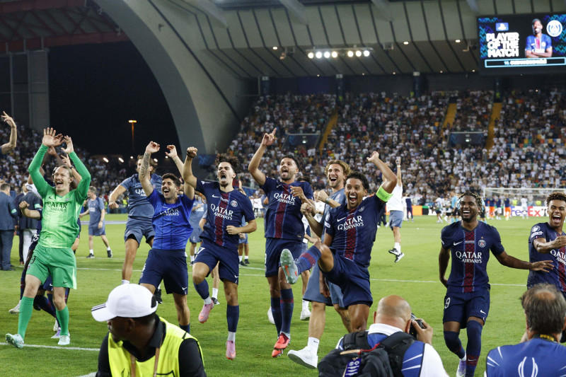 PSG celebrating during the UEFA Super Cup 2025 soccer match between Paris Saint-Germain and Tottenham Hotspur at Bluenergy Stadium on August 13th, 2025, Udine, Italy