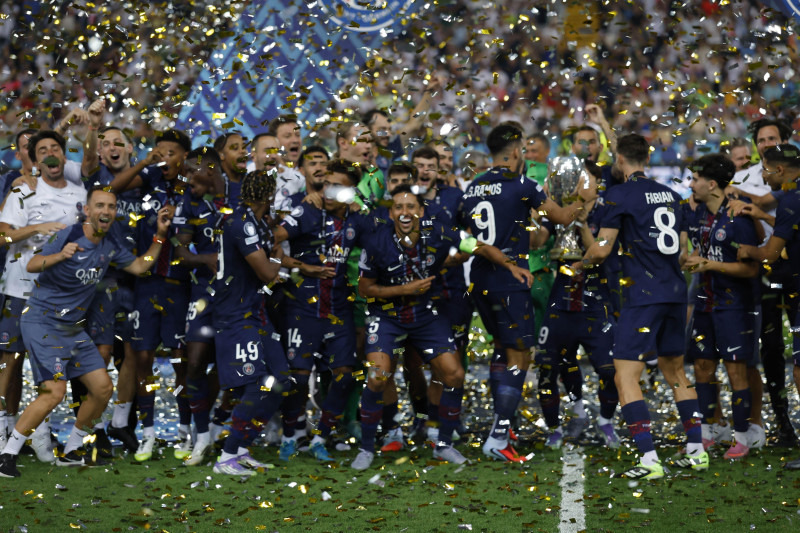 PSG raise the cup during the UEFA Super Cup 2025 soccer match between Paris Saint-Germain and Tottenham Hotspur at Bluenergy Stadium on August 13th, 2025, Udine, Italy
