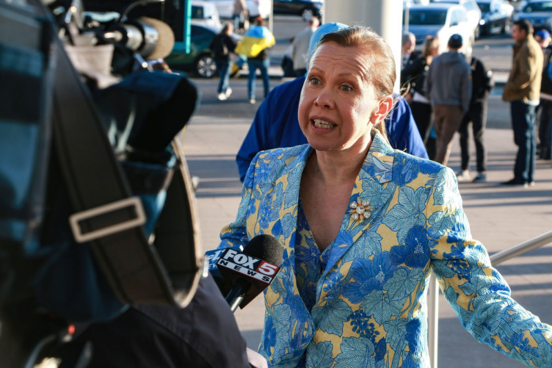 Las Vegas, United States. 05th Mar, 2022. 1994 Olympic figure skating gold medalist Oksana Baiul addresses Las Vegas media. Hundreds show support as the Las Vegas Ukraine community hosts a rally for peace in front of Las Vegas City Hall. Credit: SOPA Imag