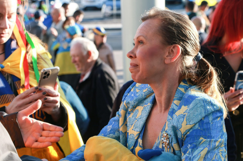 Las Vegas, United States. 05th Mar, 2022. 1994 Olympic figure skating gold medalist Oksana Baiul attends Las Vegas Ukraine rally for peace. Hundreds show support as the Las Vegas Ukraine community hosts a rally for peace in front of Las Vegas City Hall. C