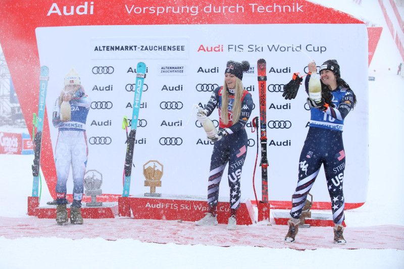 ALTENMARKT/ZAUCHENSEE, AUSTRIA, 10.JAN.26 - ALPINE SKIING - FIS World Cup, Downhill, ladies. The image shows Lie Kajsa Vickhoff (NOR, Head), Vonn Lindsey (USA, Head) and Wiles Jaqueline (USA, Rossignol) rejoicing with champagne.