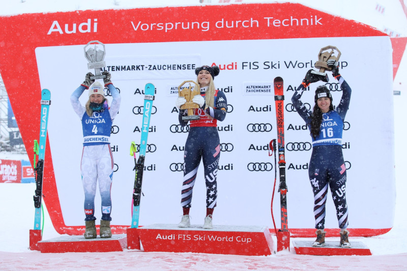 ALTENMARKT/ZAUCHENSEE, AUSTRIA, 10.JAN.26 - ALPINE SKIING - FIS World Cup, Downhill, ladies. The image shows Lie Kajsa Vickhoff (NOR, Head) second place, Vonn Lindsey (USA, Head) first place, Wiles Jaqueline (USA, Rossignol) third place.