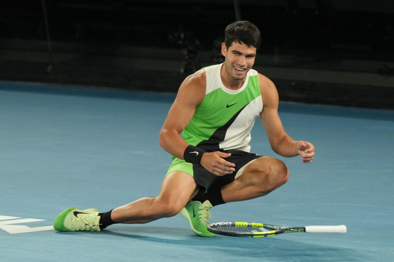 Melbourne, Australia. 1st Feb, 2026. 1st seed CARLOS ALCARAZ of Spain celebrates after defeating 4th seed NOVAK DJOKOVIC of Serbia on Rod Laver Arena in the Men's Singles Final match on day 15 of the 2026 Australian Open in Melbourne, Australia. Sydney Lo