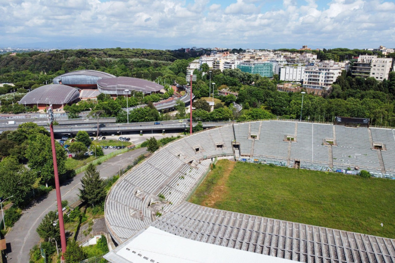 Rome, Italy. 21st May, 2024. (EDITOR'S NOTE: Image taken by a drone) Aerial view of Flaminio Stadium in Rome. After 13 years of abandonment, the long process for the redevelopment of the Flaminio Stadium in Rome has begun. It's a race but Lazio seems to b