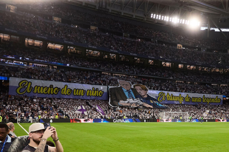 Madrid, Spain. 23rd May, 2026. Supporters of Real Madrid CF with a huge banner of Daniel Carvajal prior to the LaLiga EA Sports 2025/2026 week 38 football match between Real Madrid CF and Athletic Club at Santiago Bernabeu stadium. Final score; Real Madri