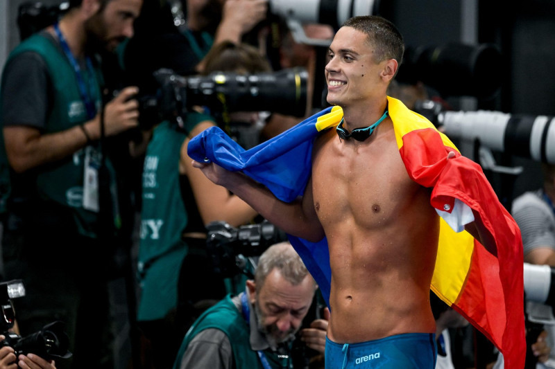 Saint Denis, France. 12th Aug, 2026. David Popovici of Romania celebrates after winning the gold medal in the swimming 100m Freestyle Men Final during the European Aquatics Championships at the Olympic Aquatic Center in Paris (France), August 12, 2026. Cr