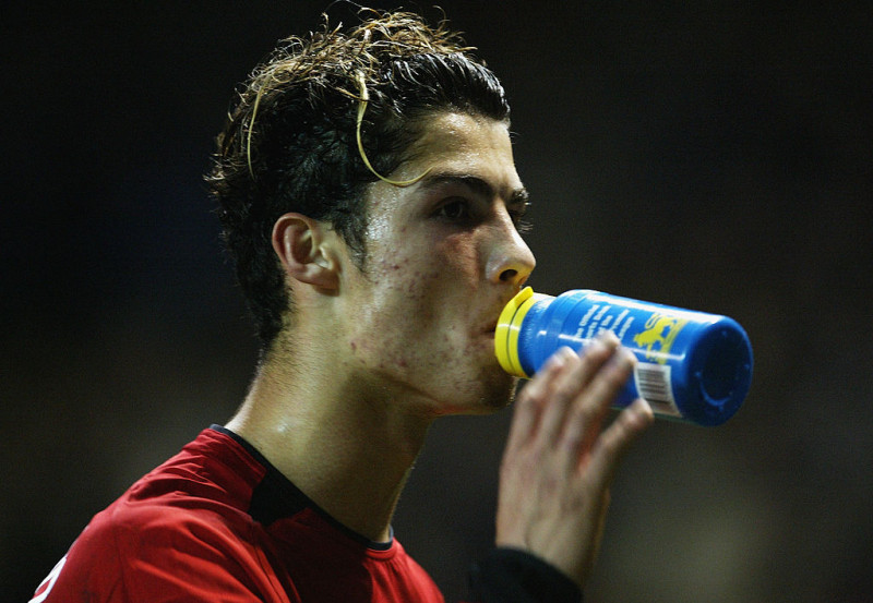 Cristano Ronaldo of Manchester United takes a drink