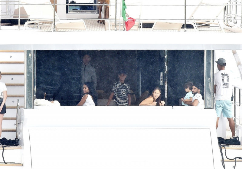 *EXCLUSIVE* Fresh from winning the league with Juventus, the Portuguese footballer Cristiano Ronaldo is spotted on his Azimut mega yacht with his partner Georgina Rodriguez and his son Cristiano Ronaldo Jr on holiday in Portofino. *WEB MUST CALL FOR PRICI