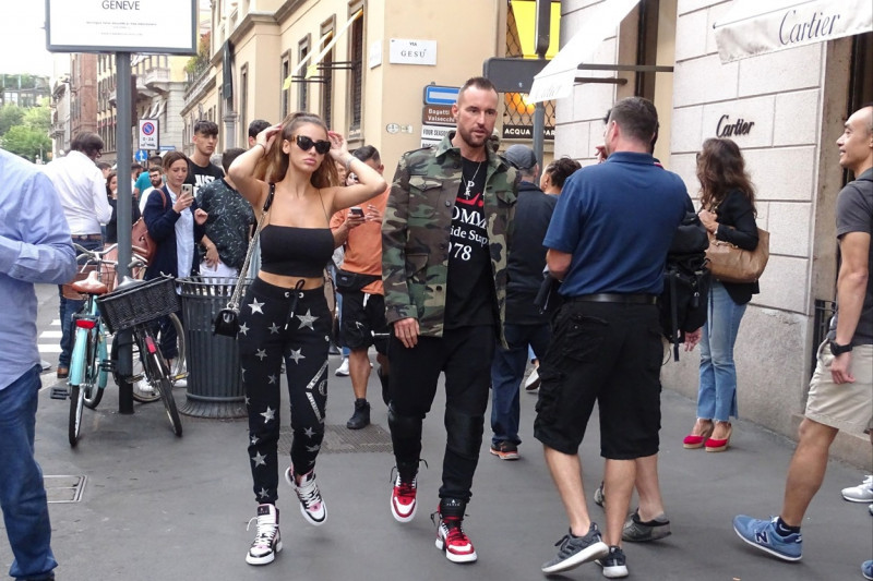 German fashion designer Philipp Plein strolling in the downtown streets with his partner, the Romanian model Andreea Sasu in Milano.