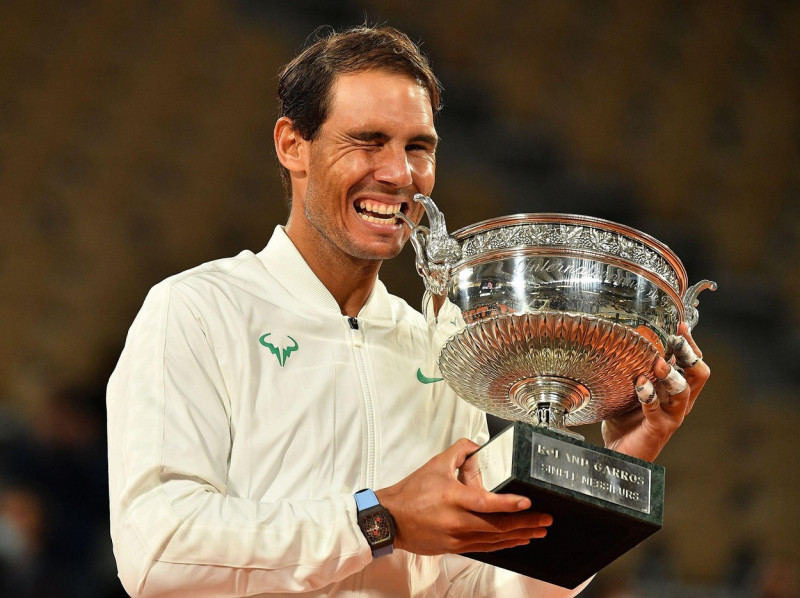 Paris, France. 11th Oct, 2020. Roland Garros Paris French Open 2020 Day 15 111020 Sealed with a wink Rafa Nadal (ESP) trophy after he wins 13th Roland Garros Men's singles title Credit: Roger Parker/Alamy Live News