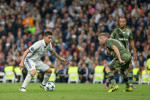 Madrid, Spain. 18th October, 2016. Real Madrid's Colombian midfielder James Rodriguez and Thibault Moulin of Legia Warszawa during the UEFA Champions League match between Real Madrid and Legia Warszawa at the Santiago Bernabeu Stadium in Madrid, Tuesday,