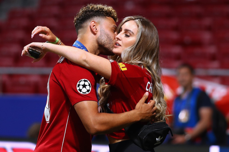 Little Mix Star, Perrie Edwards pictured in Liverpool shirt with Boyfriend, Alex Oxlade-Chamberlain and cousin Ellie Hemmings after Champions League Final 2019