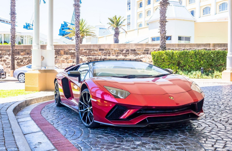 CAPE TOWN , SOUTH AFRICA - 01 JANUARY 2019: Brand new Lamborghini Aventador S parked in front of the Table Bay Hotel at V &amp; A Waterfront in Cape Town