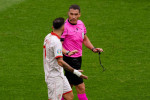 AMSTERDAM, NETHERLANDS - JUNE 21: Ivan Trickovski of North Macedonia in discussion with referee Referee Istvan Kovacs during the UEFA Euro 2020 Championship Group C match between North Macedonia National Team and Netherlands National Team at the Johan Cru