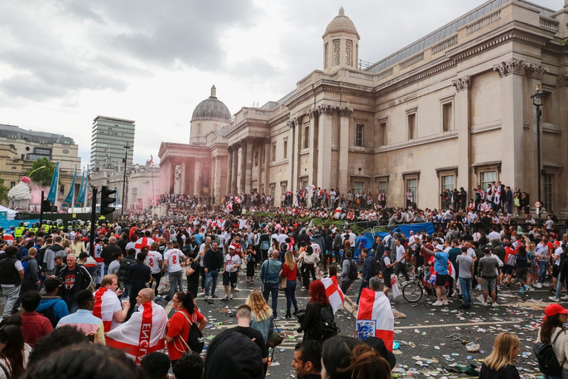 London, UK. 11 July 2021. Euro 2020. England football fans celebrating in Trafalgar Square ahead of the Italy v England final. Credit: Waldemar Sikora